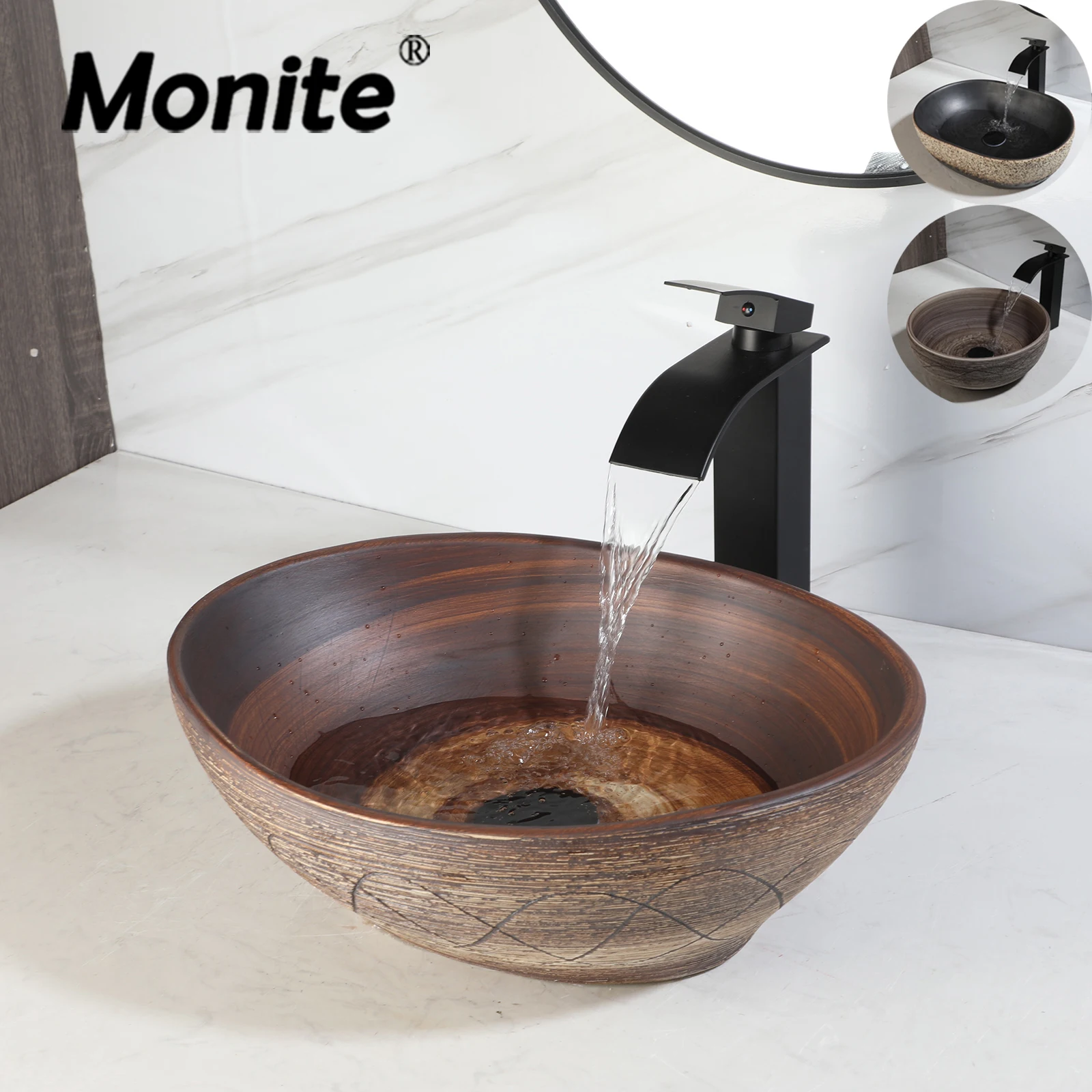 

Керамическая раковина Monite для ванной комнаты, матовый черный латунный смеситель, комбинированный современный фарфоровый набор для умывальника на столешнице, комплект раковины в европейском стиле