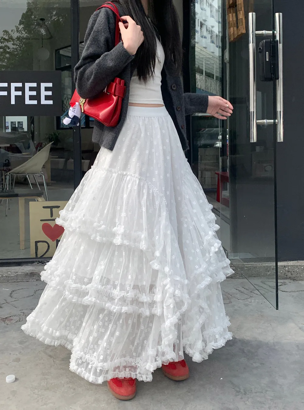 Elegant White Elastic Waist Cake Skirt Women's Fashion Slimming Long Dress Sweet Style Half-length Autumn Seasonal Design