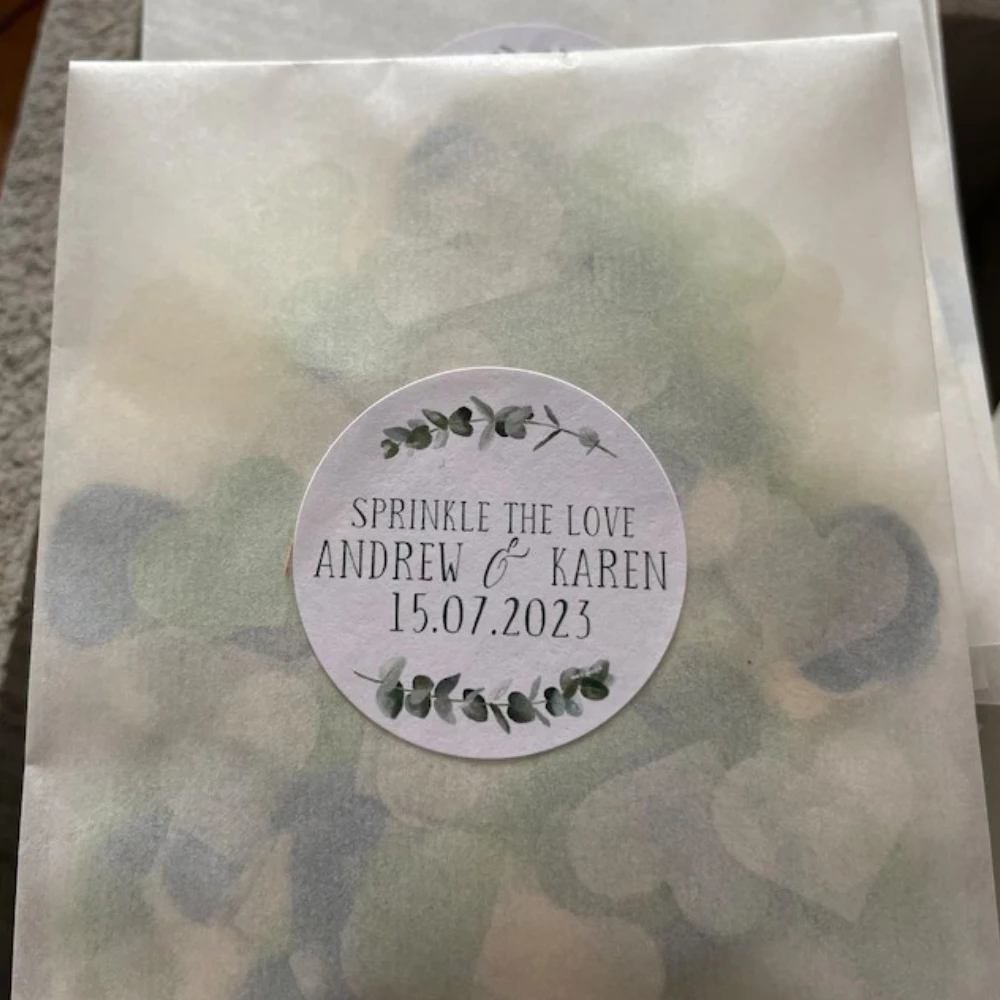Custom Wedding Labels, Sprinkle the Love, Personalized Wedding Confetti Stickers, eucalyptus, botanical circle, Round Wedding