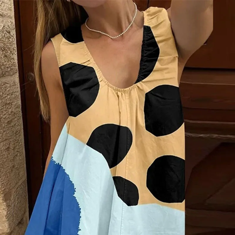Summer Sleeveless Dot Print Boho Woman Dress New Casual Contrast Color A-Line Long Dress Elegant Loose Simple U Neck Beach Dress