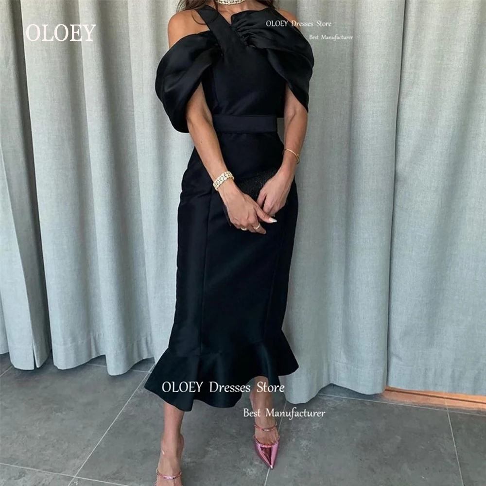 

OLOEY Black Saudi Arabic Women Mermaid Evening Dresses Off the Shoulder Organza Tea Length Prom Gowns Formal Party Dress