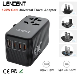 LENCENT 120W GaN Universal Travel Adapter with1 USB-A+3 Type-C  Support PPS ,PD3.0 Fast Charger EU/UK/USA/AUS plug for Travel