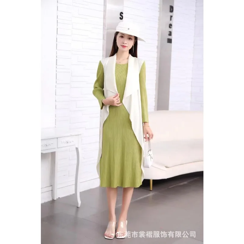 

ALSEY Miyake Chic and Elegant Woman Dress Autumn New Elegant Mid-length False Two-piece Pleated Color Combination Dress