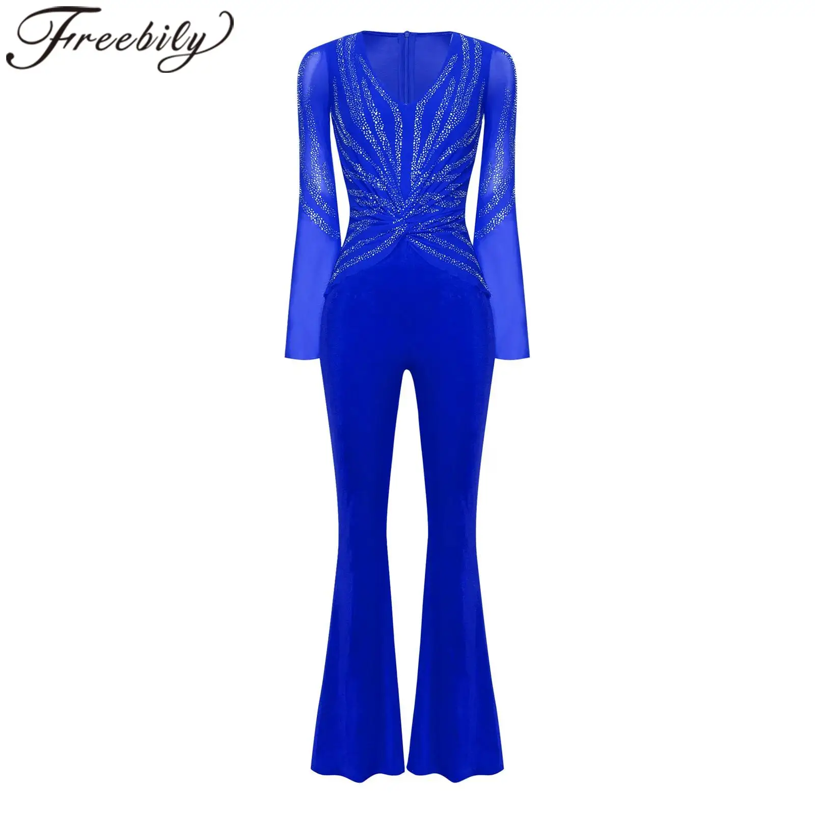 

Adults Ballet Dance Leotard Latin Chacha Jumpsuit Disco Party Romper Figure Skating Costume Women Sparkly V-Neck Jumpsuits