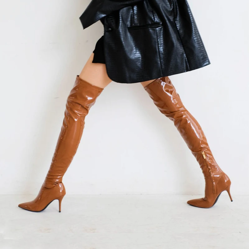 

Ladies Fashion Pu Leather Over The Knee Boots Women Pointed Toe Thin High Heel Side Zipper Long Boots