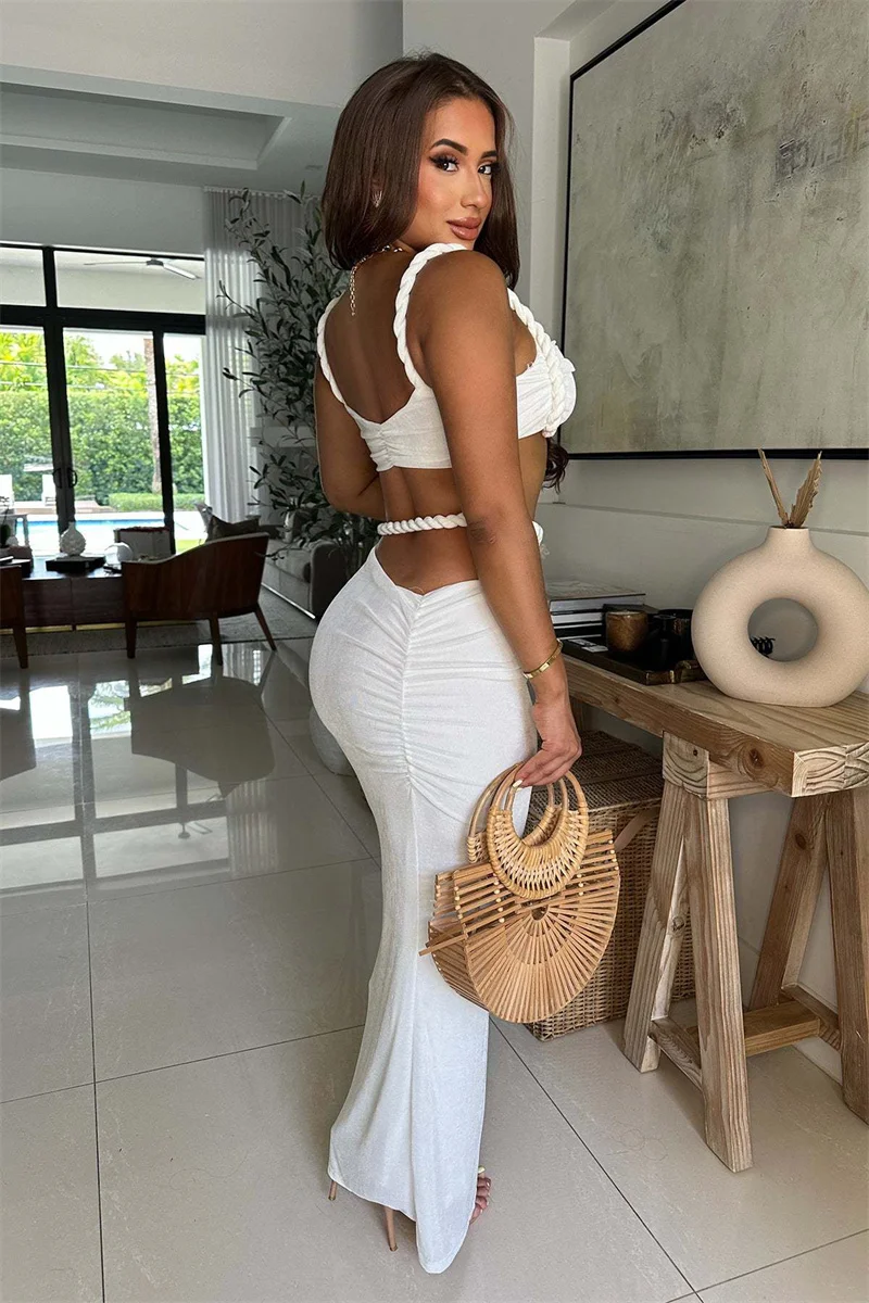 مثير النادي الليلي فستان الحفلات مجموعات النساء 2 قطعة ملابس عيد ميلاد السباغيتي حزام المحاصيل الأعلى وتنورة طويلة مطابقة مجموعات Conjuntos