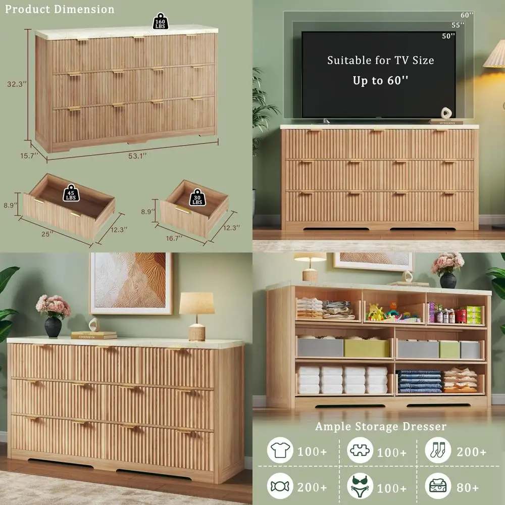 

7 Drawer Bedroom Furniture Set with Marble Top, Metal Handles, Wooden Chest, TV Stand, and Natural Oak Storage Organizer