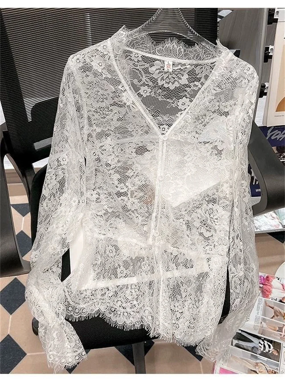 

Women Summer Transparent White Lace Shirt Cardigan V-neck Button Flare Sleeve Cardigans Elegant Lady Sexy Top