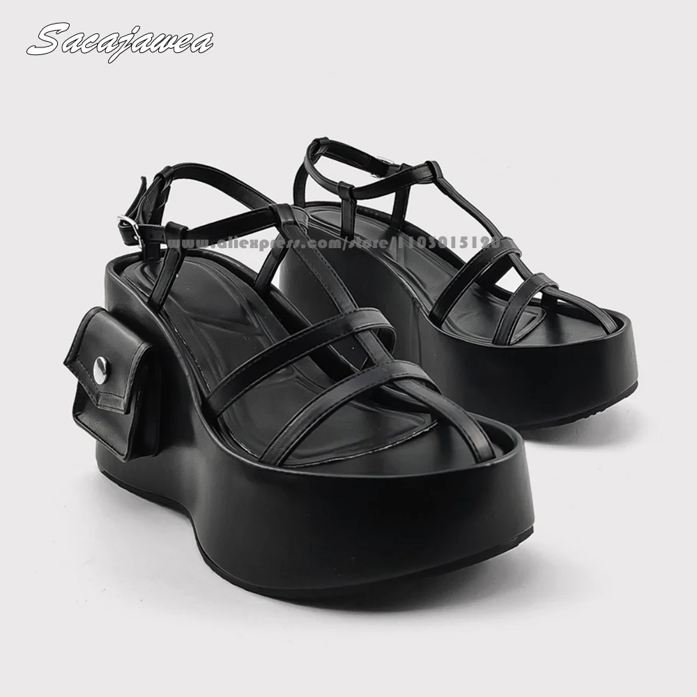 

Black Belt Buckle Strap With Packet Hollow Thick Sole Sandals Open Toe Ankle Strap Wedge Sandals Cow Split Leather Sexy Sandals