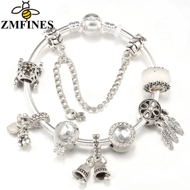 Silver Color Bear Crown Beads Charm Bracelets With DIY Bracelets Bangles For Women Men Fiancee Bijoux Pulseras Jewelry Gift