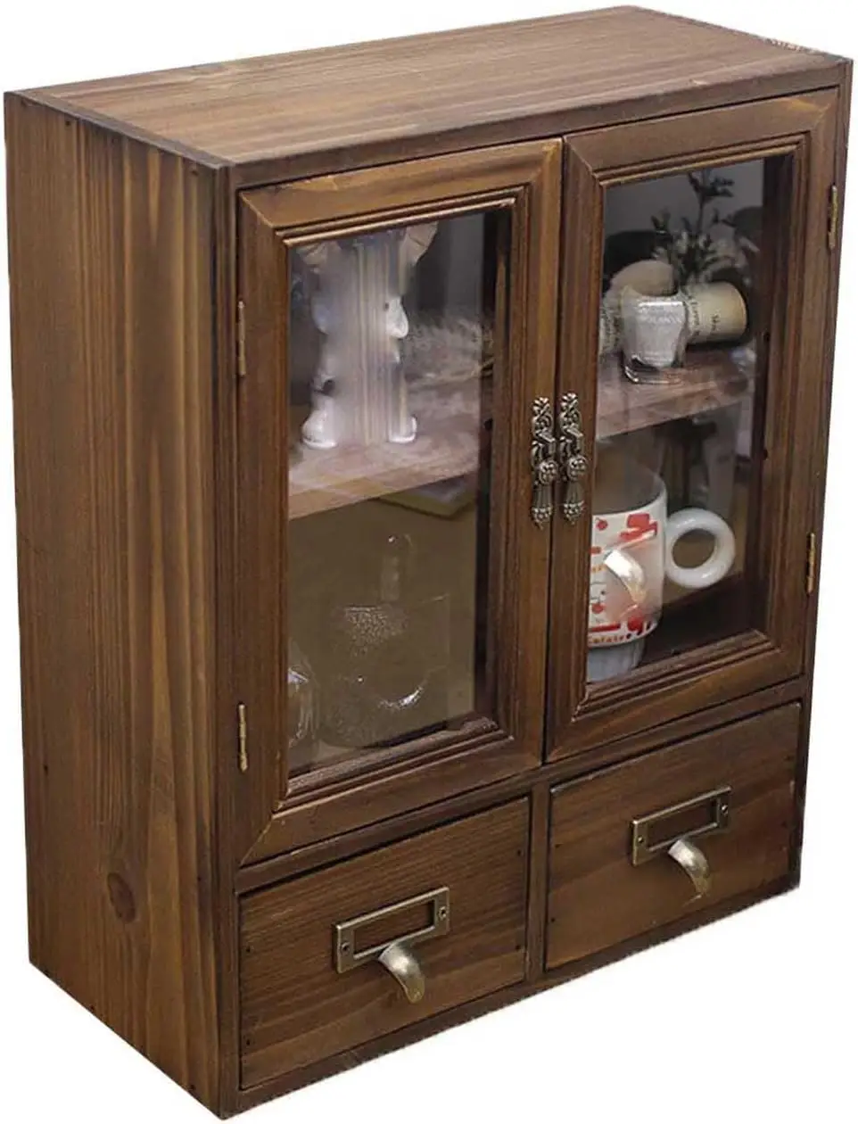 

Vintage Wooden Countertop Cabinet with Glass Door, Wall-Mounted Display and Storage, Burnt Wood Color