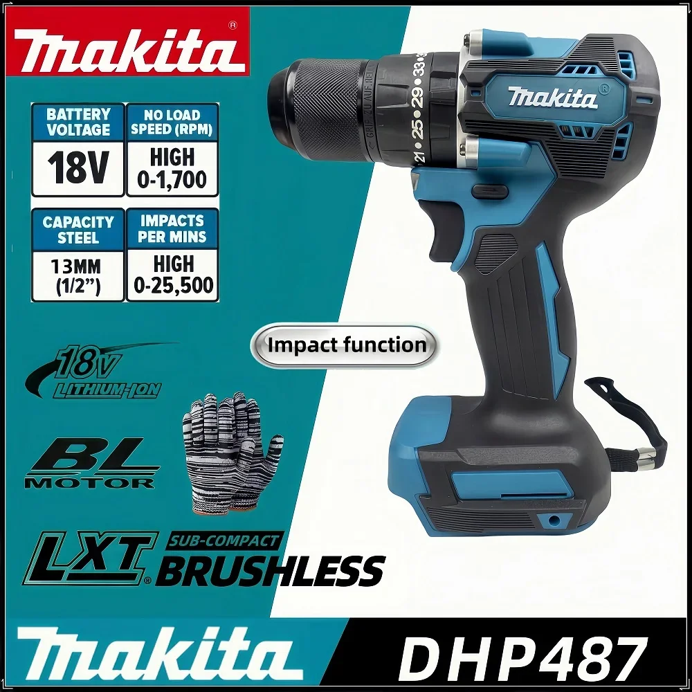 Makita New DHP487 13mm Cordless Hammer Driver Drill 18VLXT Brushless Motor Impact Electric Screwdriver Variable Speed Power Tool