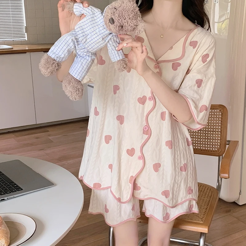 2024 Summer Elegant Fashion Harajuku Slim Fit Female Clothes Loose Casual All Match Pajamas Cardigan Button Short Sleeve Shorts