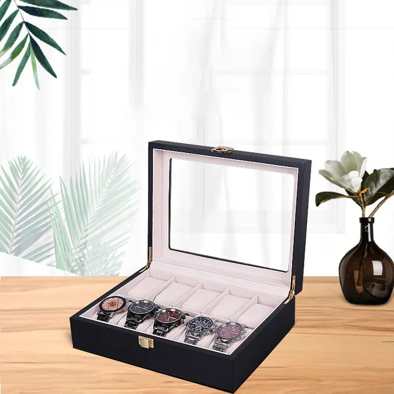 12/10/6 Slots Black Wooden Watch Box Organizer Watch Gift Box Case With Glass Window New Men Watch Holder Watch Collection Boxes