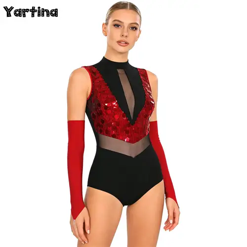 Imagen 1 del producto Leotardo de lentejuelas brillantes para mujer, traje de actuación de baile latino de gimnasia, Jazz, mono de lentejuelas brillantes de malla transparente con guantes