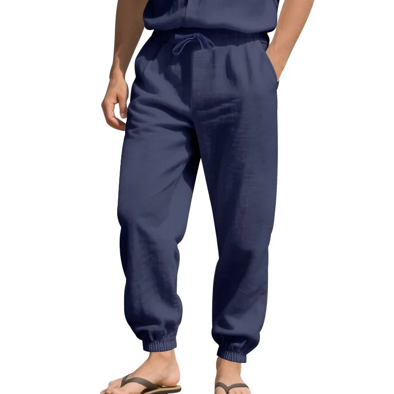 

Loose Casual Sports Leggings Cotton Linen Pants Men's Summer Casual Pants Trousers High Waist Solid Color