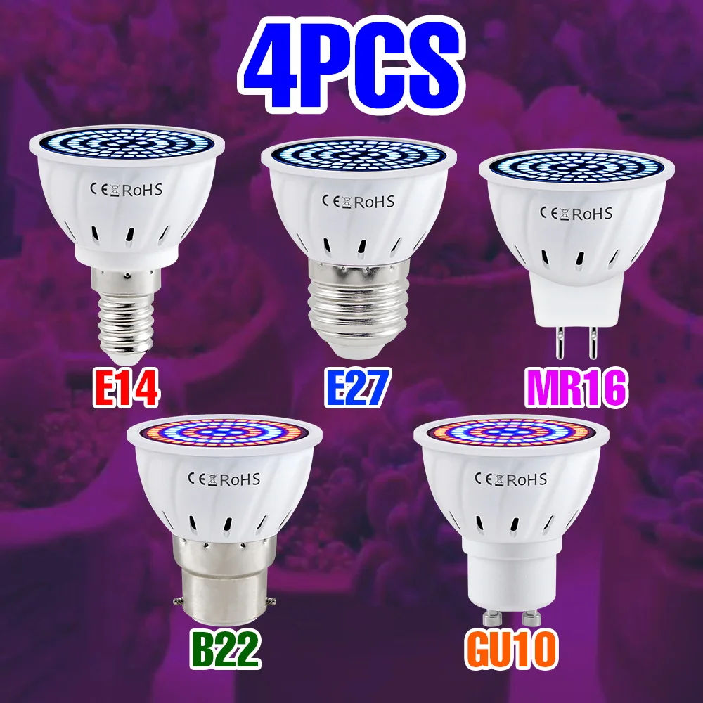 

4 Pack LED E27/E26 Grow Light Bulb Indoor Plant Lamp Potted Flowers Cultivation Fill Lighting GU10 E14 MR16 B22 AC220V Spotlight