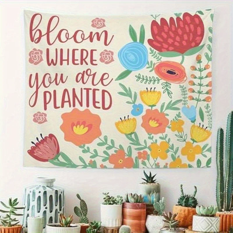 Tapiz de pared floral inspirador "Bloom Where You Are Planted", diseño de rosas y margaritas de colores grandes en Peach Light Beig, 1 ud.