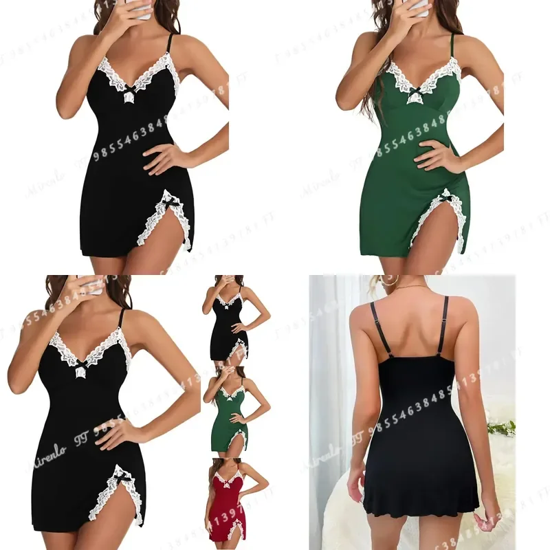 2026 New Sexy Women Lace Silk Satin V Neck Nightgown Split Hem Soft Lingerie Sleeveless Sleepwear Female Clothes