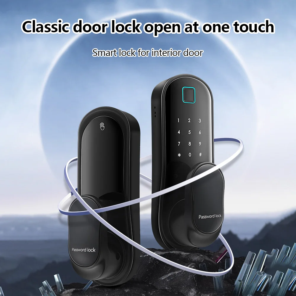 Smart Door Lock Keyless Entry Door Lock Handle with 2 Cards and 2 Keys Biometric Door Lock App Remote WiFi for 30-60mm Door