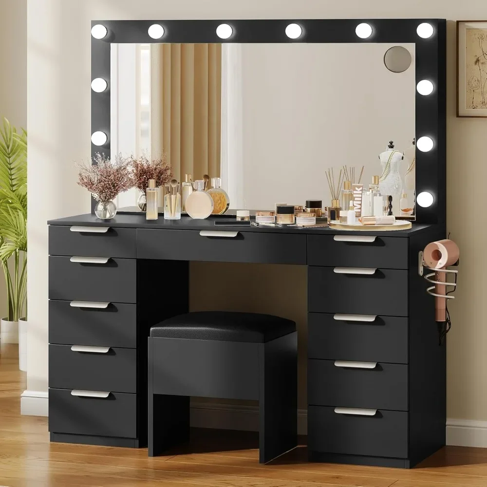 Vanity with LED-Lit Mirror & Electrical Socket, Cosmetic Vanity Station with 11 Compartments and Magnifier, 46'' Dressing Table image 6