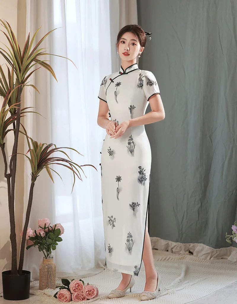 

Improved Retro Elegant Mandarin Collar Slim Long Qipao Chinese Women Vintage Floral Print Cheongsam Traditional Clothing