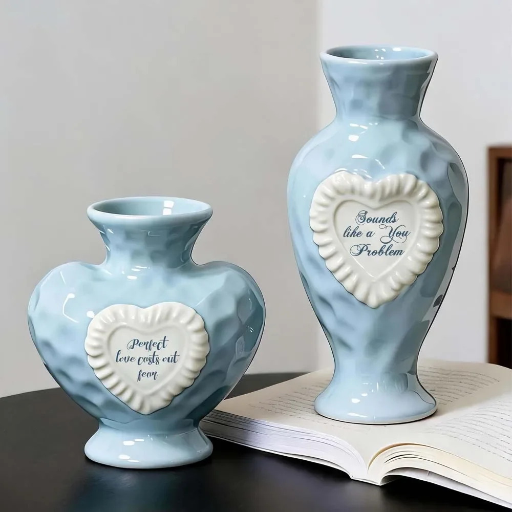French Ceramic Love Vase Cute Flower Utensils Living Room Dining Table Vase Romantic Desktop Decorations Gift for Flower Lovers