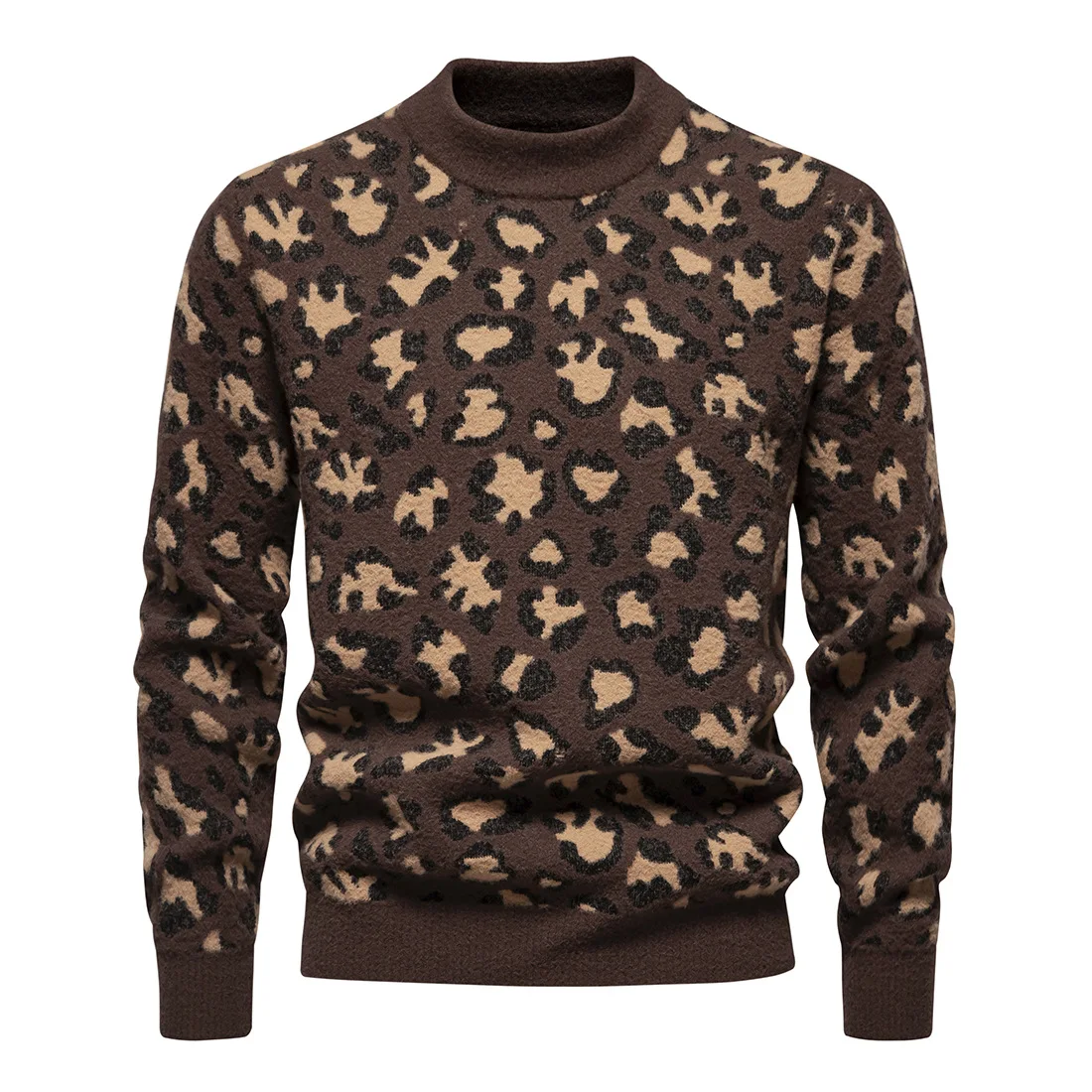 Autumn and Winter New British Mens Pullover Fashion High Street Leopard Print Stand-up Neck Mens Knitted Sweater