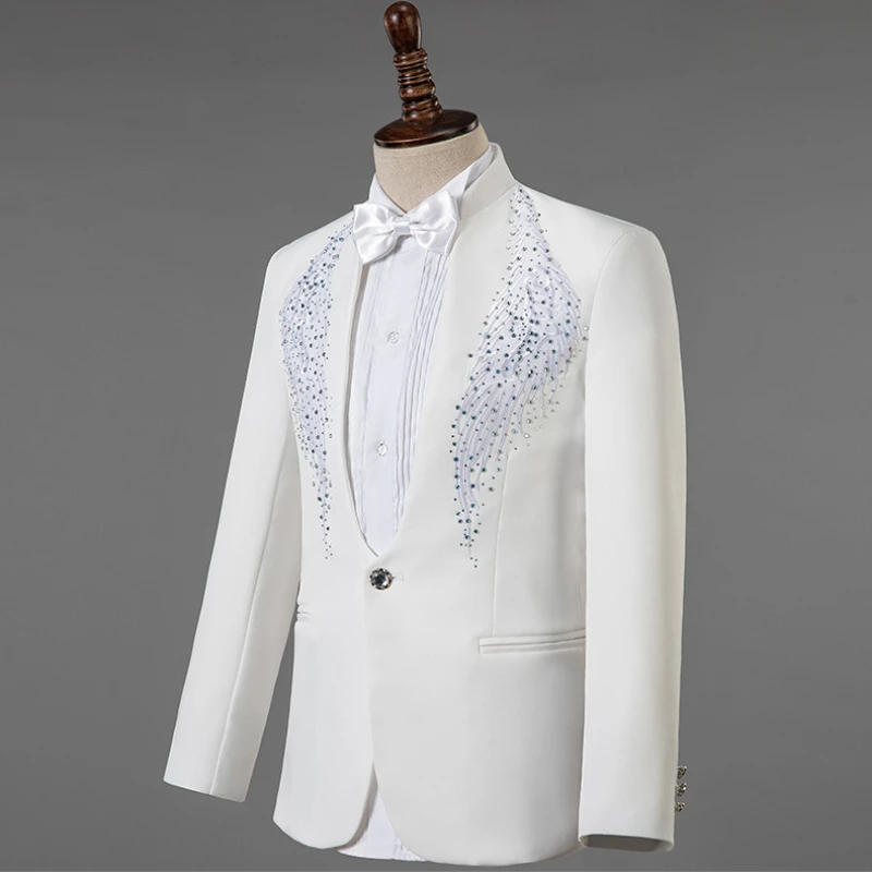 White Wedding Groom Dress Suit Men Costume 2020 Stylish Diamond Embroidery Slim Fit Tuxedo Mens Suits With Pants