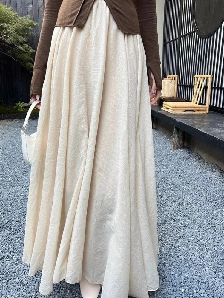 Double Layer Cotton Linen Long Skirt Elastic Waist Flared Skirt Hem Chinese Hanfu-Inspired Spring Casual Maxi Skirts for Women