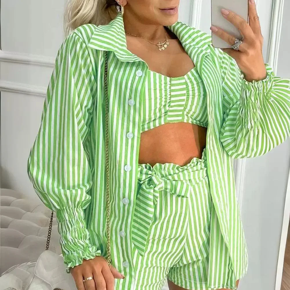 

Three Piece Sets Women Short Pant Set Matching Sets Print Striped Strapless Turn Down Collar Full Sleeve Shirt Tops Shorts Pants