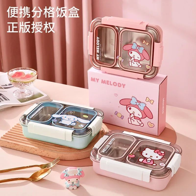 Sanrios Anime Kawaii Hellokitty Stainless Steel Grid Insulated Lunch Box My Melody Cinnamoroll Student Office Portable Bento Box