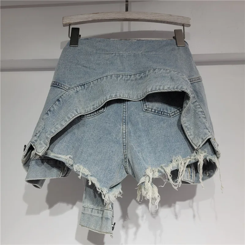Denim Shorts Women Jeans Vintage Washed A Line Slim Fit Low Waist Straight Trousers Lace Up Y2k Streetwear Splice Casual Beach - view 4