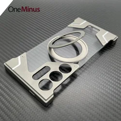 Aluminum Metal Frameless Case For Samsung Galaxy S24 Ultra Cover S23 U Rimless Clear PC Hard Back Skin Built-in Rotating Holder