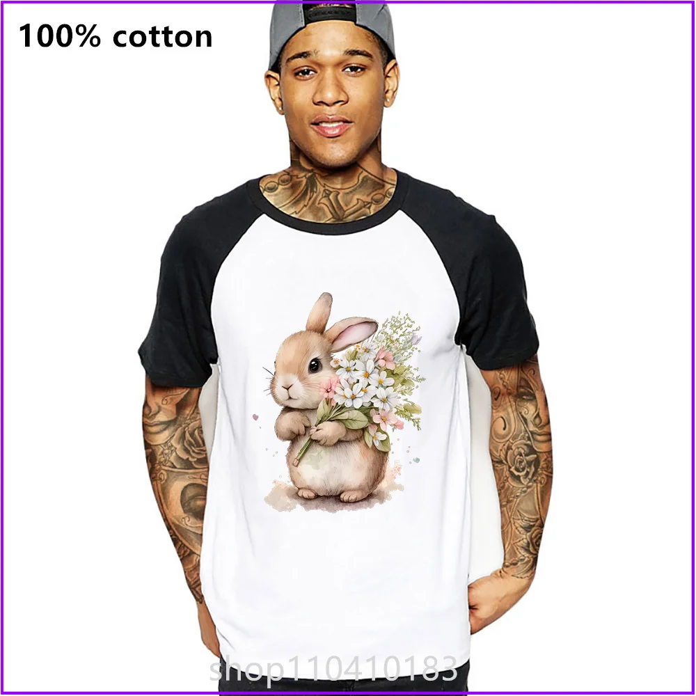 Cute Rabbit Flower Gift T Shirts For Men'S Women Tshirt T-Shirt Fahion Cotton Long Sleeve Compression Tee Logo Blank Black Graph