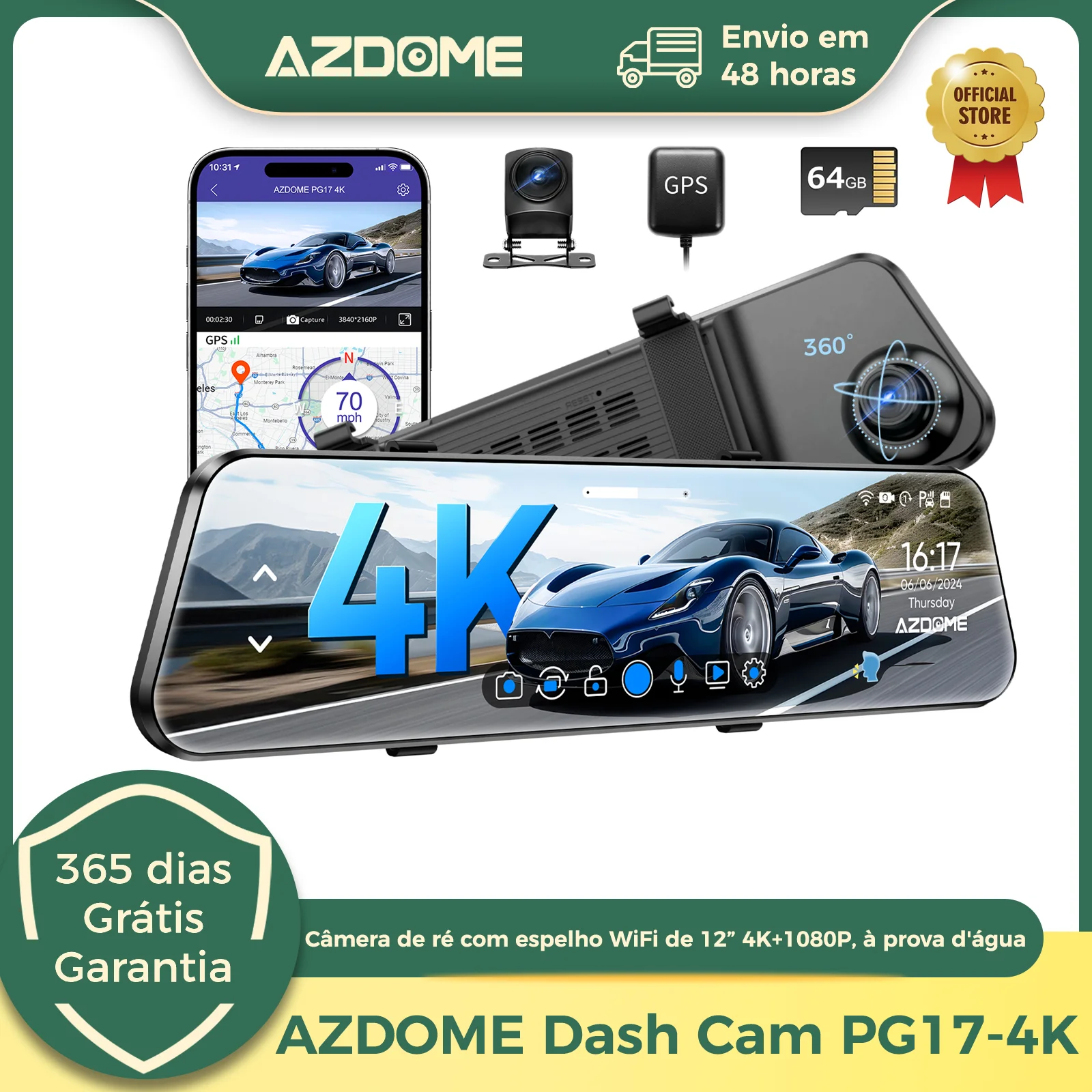 Azdome pg17 12 "wifi espelho traço cam 4k frente e 1080p câmera espelho retrovisor para carros câmera dupla à prova dwaterproof água câmera de backup