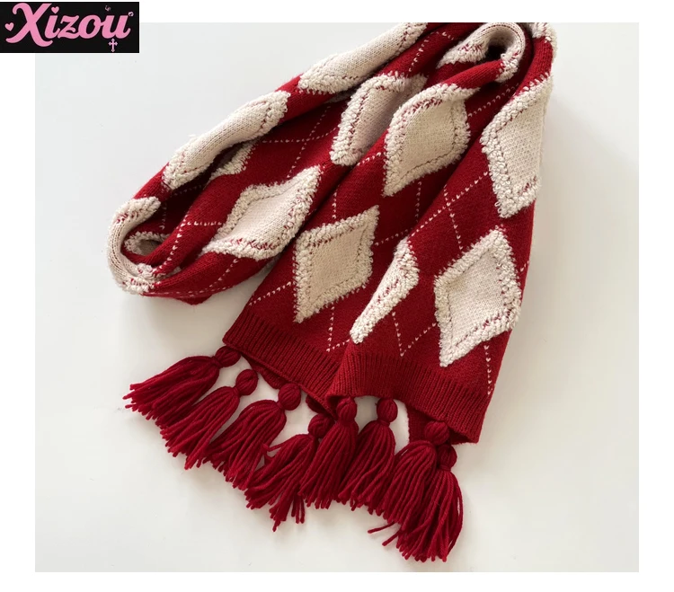

Женский осенне-зимний шарф с тем же красным ромбом, теплый универсальный шарф с бахромой, пара приливов