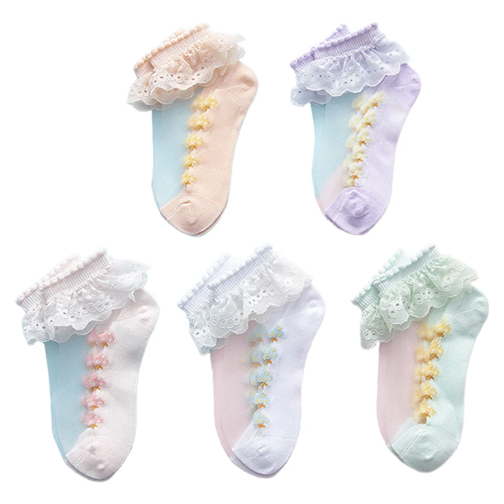 

5 Pairs Princess Lace Socks Kids Short Breathable Lightweight Comfort Elastic Everyday Casual Shoe Baby Thin Stockings