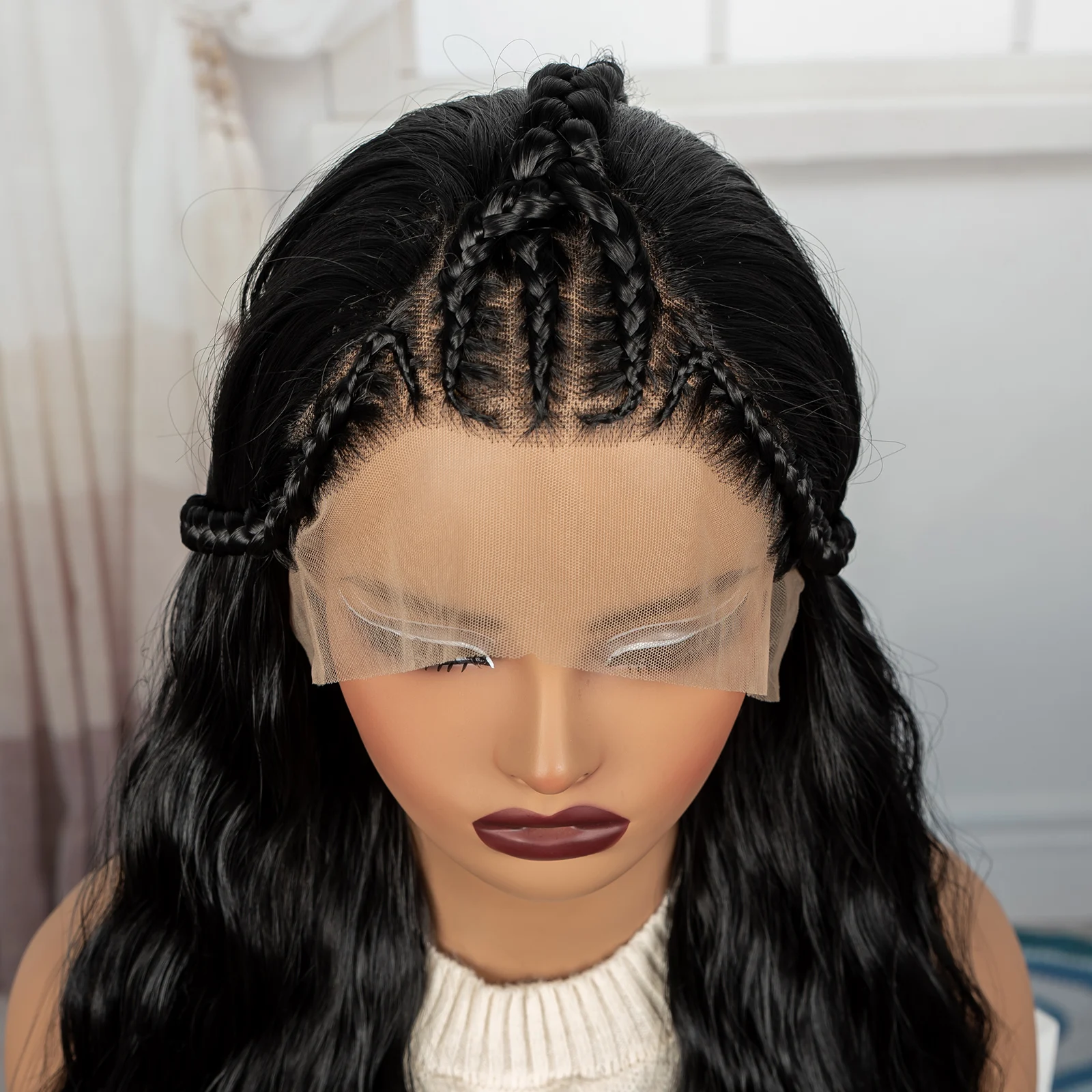 13x4 Lace Frontal Body Wave Hair Wigs with Handmade Cornrow Braids 26inch Synthetic Wavy Brazilian Remy Hair Wigs for Black Wome