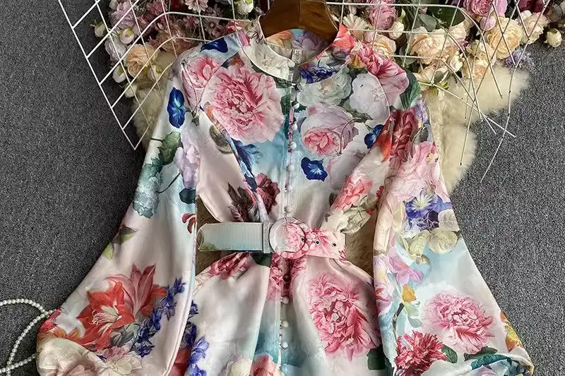 Vestido largo de manga larga con estampado para mujer, prenda Retro elegante con cinturón y botonadura única, a la moda, para primavera y otoño, Z4884, 2024