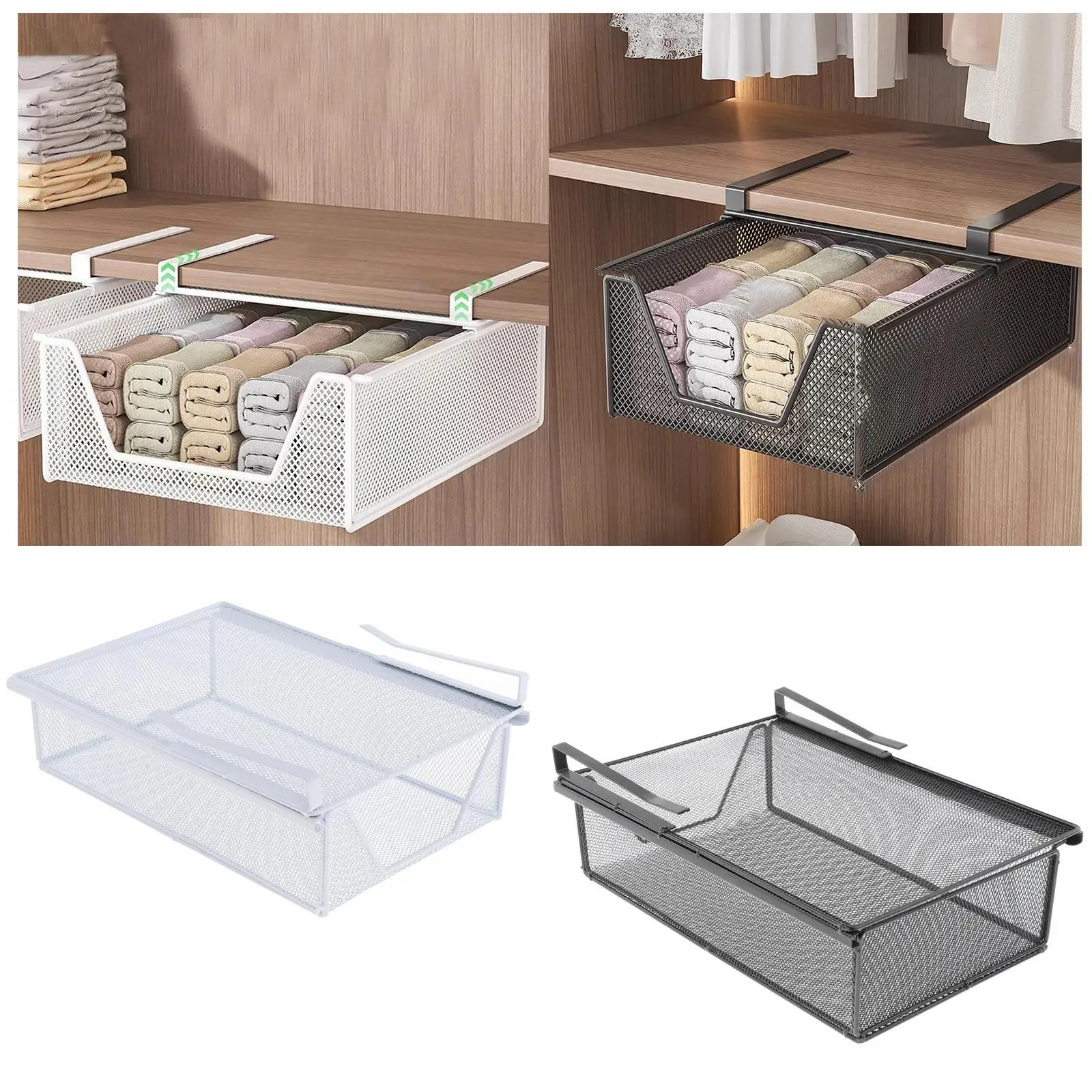 

Mesh Hanging Basket Multipurpose Space Saving Clothes Storage Under Cabinet Organizer for Cupboard Bedroom Kitchen Home Office
