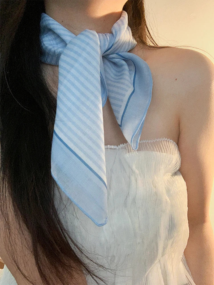Blue Striped Square Scarf Women's Summer Versatile Hair Wrap Photography Atmosphere Decoration Small Towel Korean Style Multi...
