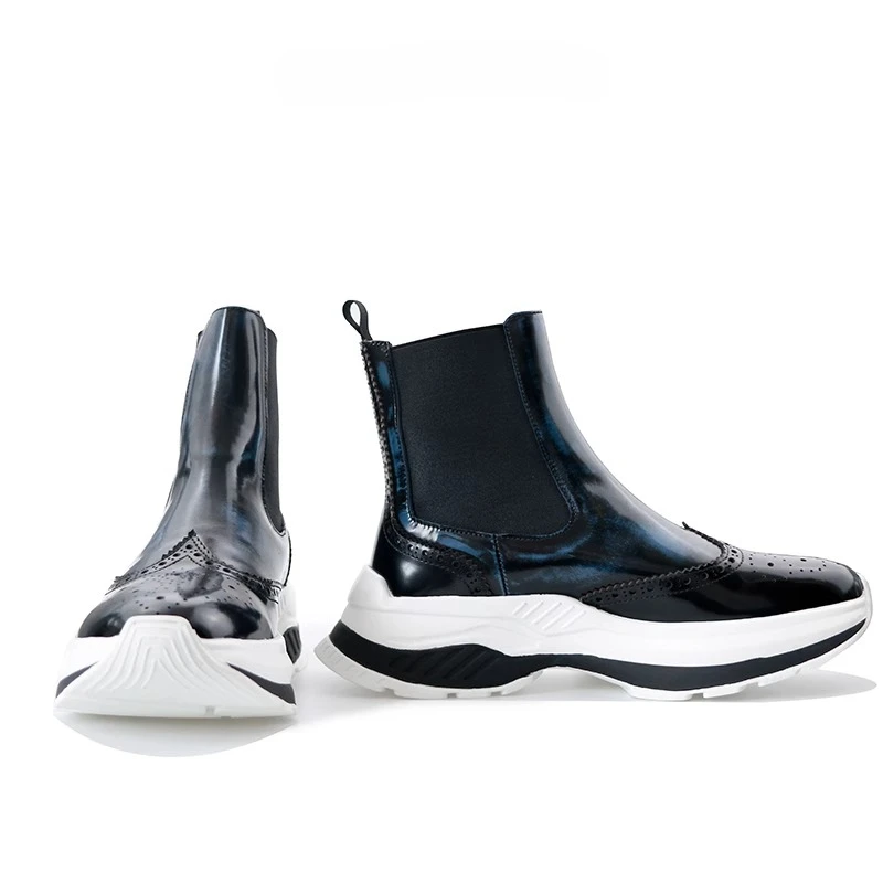 British Style Men Brogue Carved Chelsea Boots Elastic Side Genuine Leather Chunky Platform Sole Fashion Height‑Up Ankle Boots