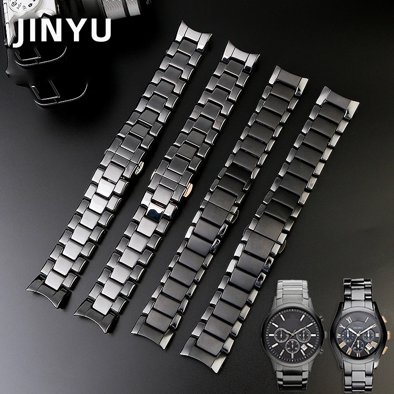 For Armani AR1452 AR1451 AR1410 AR1400 Ceramic watchband and case High Quality Black men Strap Bracelet Accessories 22mm 24mm