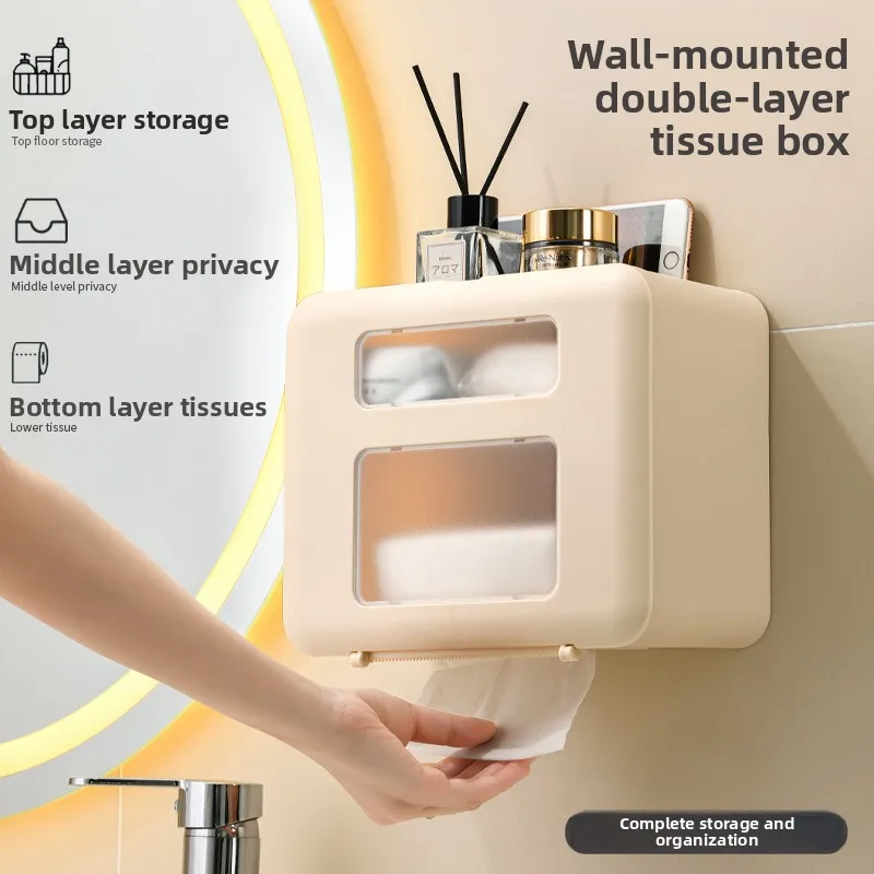 バスルームトイレットペーパーホルダー壁掛け二層収納棚オーガナイザー穴あけ不要トイレットティッシュボックス