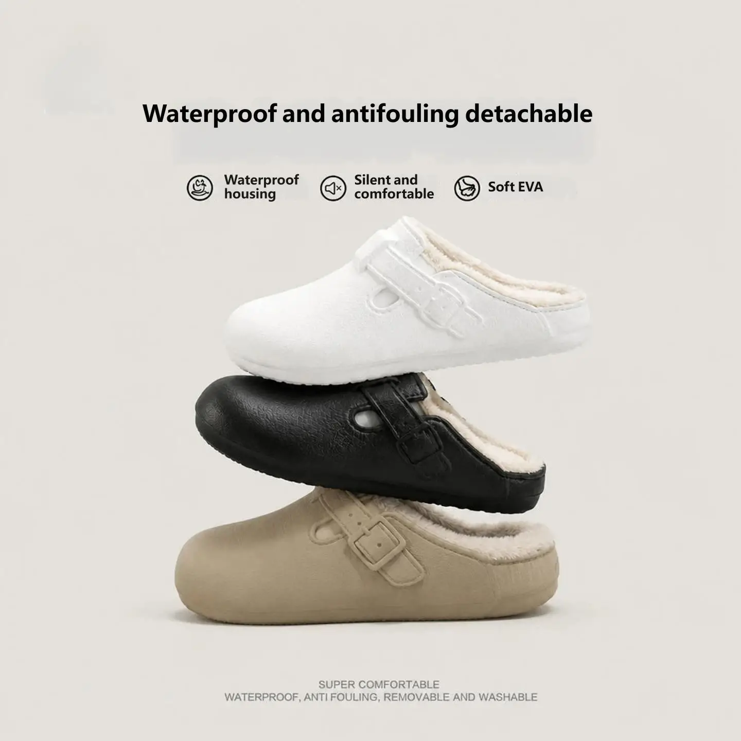Men Fleece Lined Clogs Adjustable Buckle Waterproof Winter Slippers Indoor Outdoor Warm Mules Shoes
