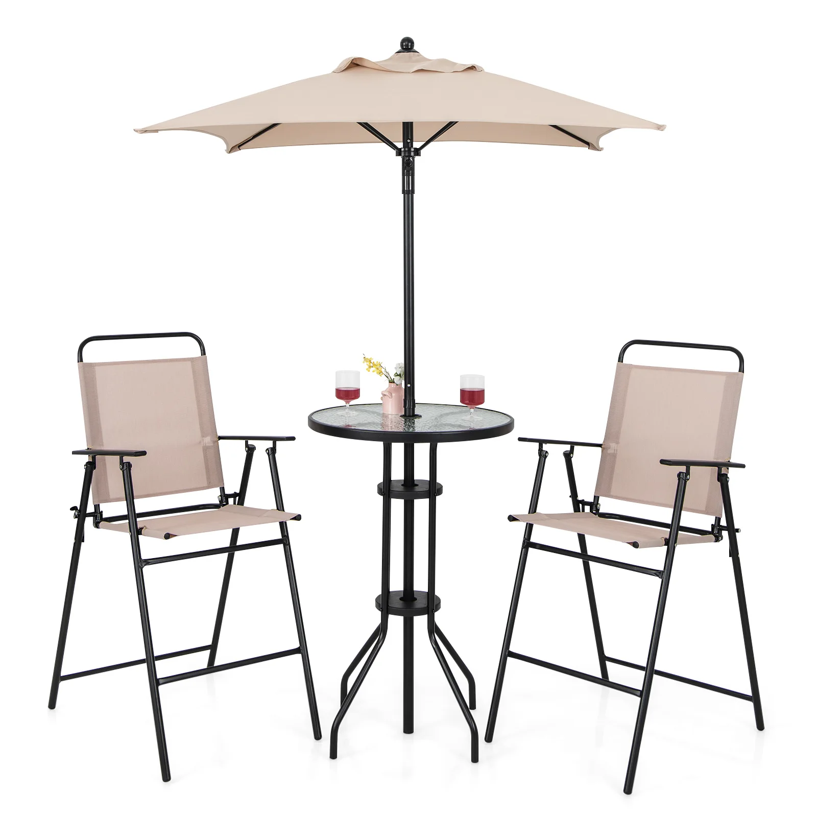 

4PCS Patio Bistro Set Folding Counter Height Chairs Round Bar Table& Umbrella