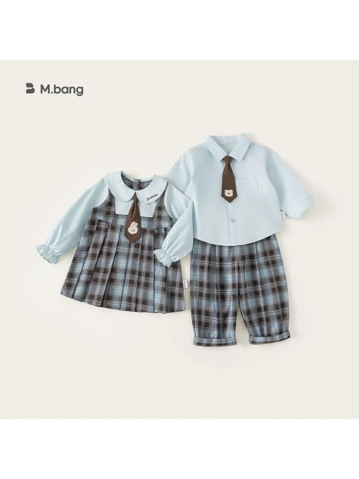 preppy-plaid-two-piece-set-for-sister-and-brother-spring-autumn-cotton-gingham-print-dress-and-shirt-outfit-children's-clothing