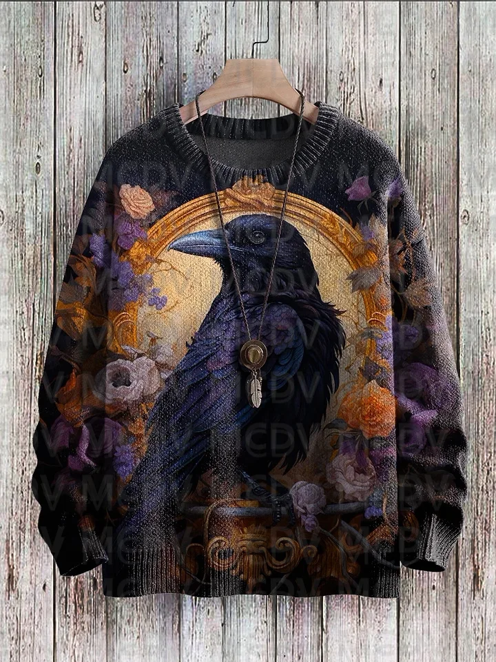 

Halloween Bronze Mirror Crow Flowers Print Casual Knit Pullover Sweater Men's For Women's Pullover