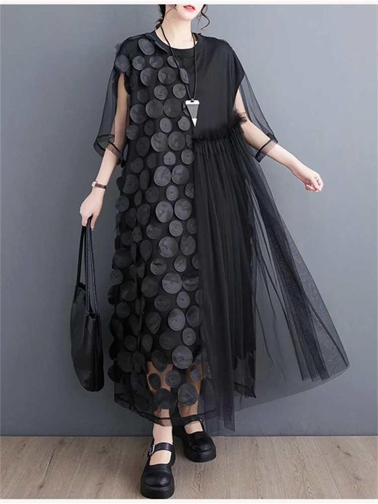 Oversized Summer New Fashion Sexy Lace Mesh Polka Dot Dress Korea Casual Loose Irregular Pullover Women Black Long Dresses